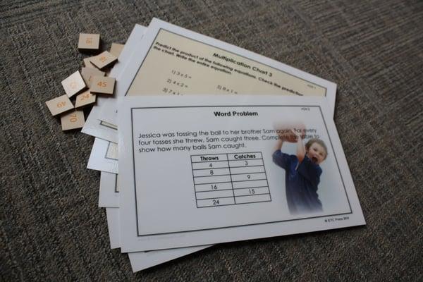 ETC Montessori materials. Tiles and task cards for Multiplication Chart 3.