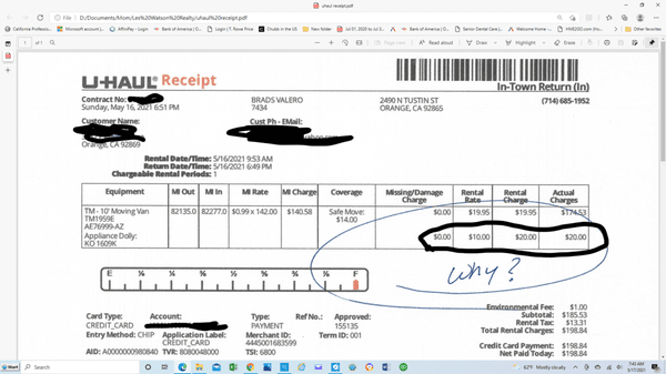 only rented one dolly for one day at $10. Charge $20