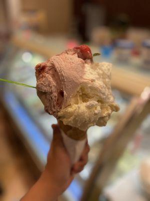 Strawberry covered chocolate, Panna Cotta, Coconut Gelato in a waffle cone