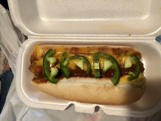 Hot dog- Mustard, Chili, Nacho Cheese and Jalapeño