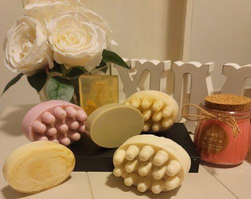 Homemade massage and soap bars.