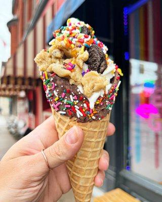 Cookie Monster  Cookie Dough, Oreo, Caramel, Sprinkles with a Sprinkle Cone