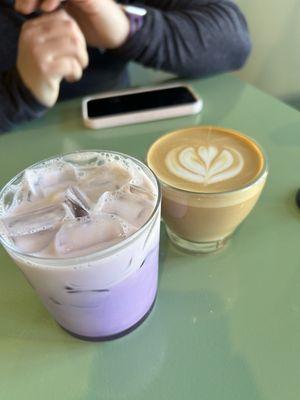 Ube oat latte and a cappuccino