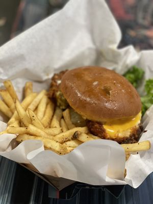 I had the Buffalo chicken sandwich. Real hand breaded chicken with great flavor and more chicken then the bun can handle!!