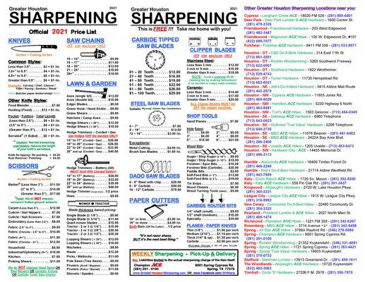 Greater Houston Sharpening @ ACE Hardware of Champions 2023 GHS Price List OR see our site https://GreaterHoustonSharpening.com/Locations/