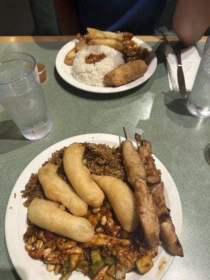 General Gau's with pork fried rice, chicken fingers, and chicken teriyaki.   Cashew chicken with jasmine rice, egg roll and spring rolls.