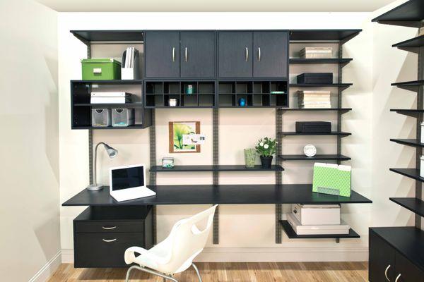 Home office workspace design using Organized Living Freedom Rail in Midnight.