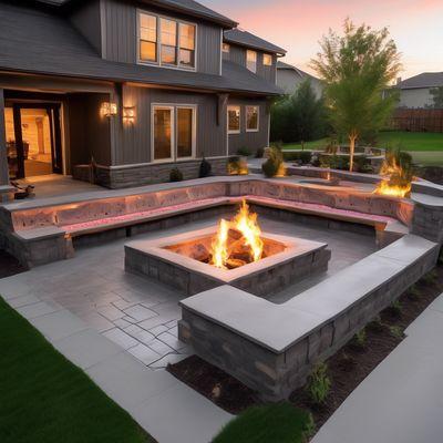 Custom paver patio back yard with fire pit design that we can build for you