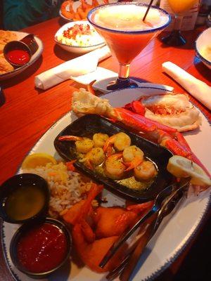 Ultimate feast: fried shrimp, butter garlic shrimp, snow crab legs, and lobster tail