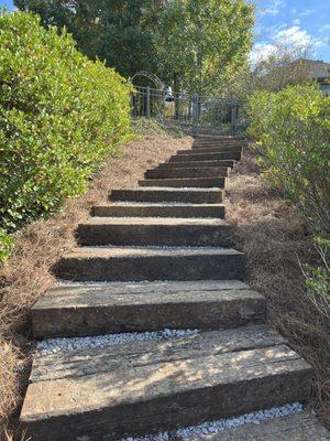 Installed steps made out of railroad ties