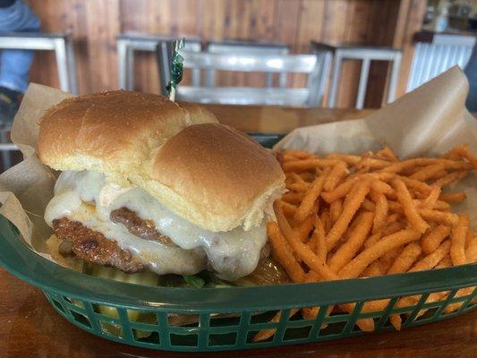 Incredible cheeseburger with included side of (sweet potato) fries