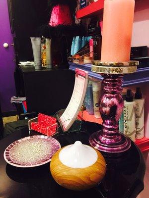 Cute little aromatherapy set up next to the dryer.