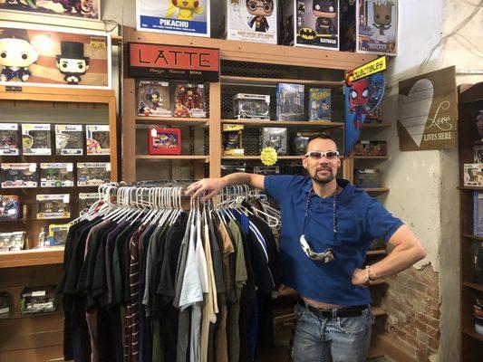 The owner Jojo with his Funko Pop collectibles, babies, T-shirts, purses and more figurines action figurines