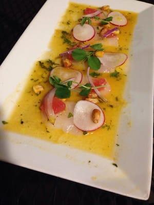 Tiradito de Lenguado: Flounder + Leche de Tigre Amarilla + Grapefruit + Choclo + Radishes