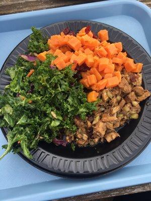 Three's Company:  Balsamic chicken salad, kale salad, and sweet potatoes