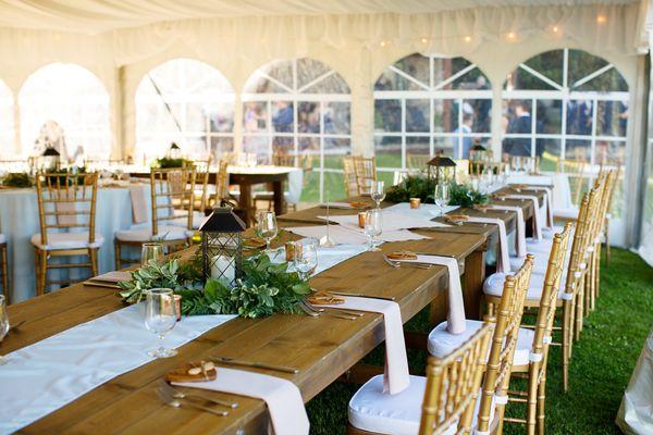 Farm table and gold chiavari chairs