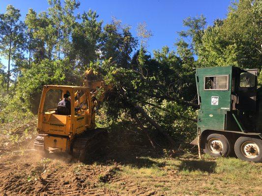 John Deere Dozer bringing bucket of brush to chipper.