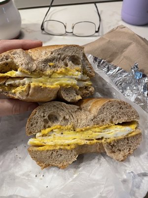 Egg and cheese on a whole wheat bagel ($4.25)