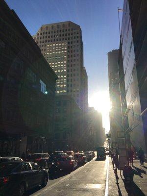 Looking West on Pine Street at sunset. Right in front of the Consulate General Of Ireland building.