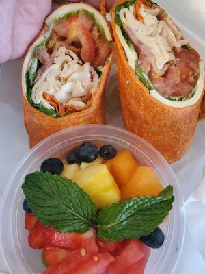 Turkey club wrap. Fruit salad.