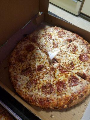 Large thin crust with pepperoni and extra cheese.