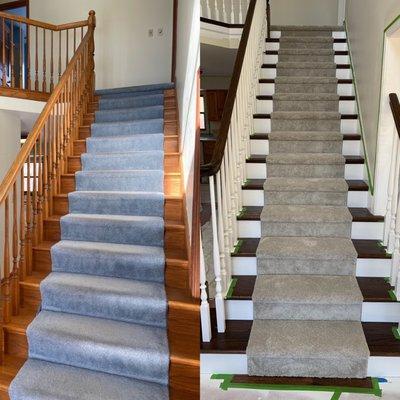 Before and after stair risers and spindles painted