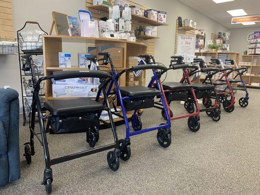 Rollator Walkers always in stock! Come see our selection of various brands and colors to find one that suits your unique needs!