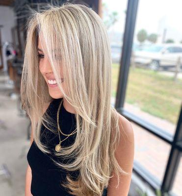 Bright blonde and long layers