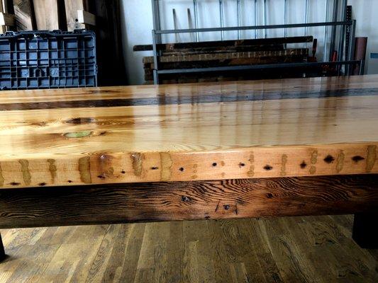 Side View of Reclaimed Fir Dining Table Made at Tonsilvania