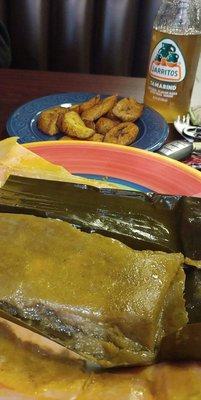 Puerto rican style tamale stuffed with pork. Sweet plantains and a Jarritos tamarind flavored soda!