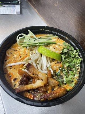 Shrimp Curry Laksa with Pork Belly Lardons