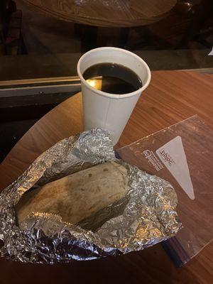 Vegetarian breakfast burrito and a large coffee