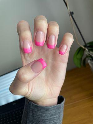 Pink French powder nails with gel for design