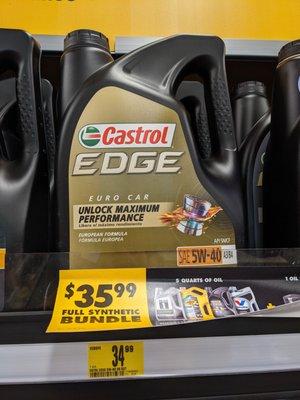 My car uses 5W-40 full synthetic oil. I like to buy Castrol Edge. Regularly $9.99/qt or $34.99 for 5-qt bottle.