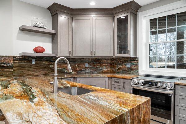 Louise Blue quartzite countertops by Armina Stone.