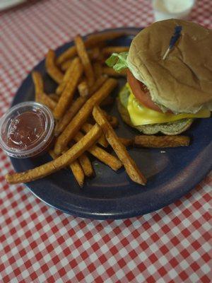 Sweet potato fries with a old school cheese burger.