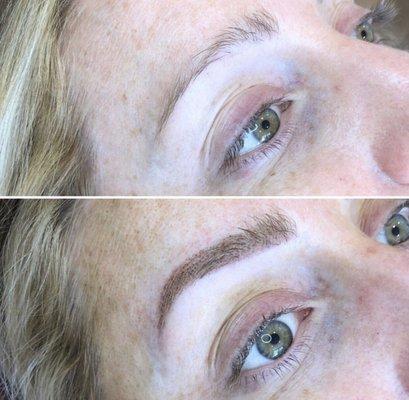 Semi permanent and similar to Microblading! The brows heal soft and have a "filled in" appearance. Results last 18-24 months with touch ups!