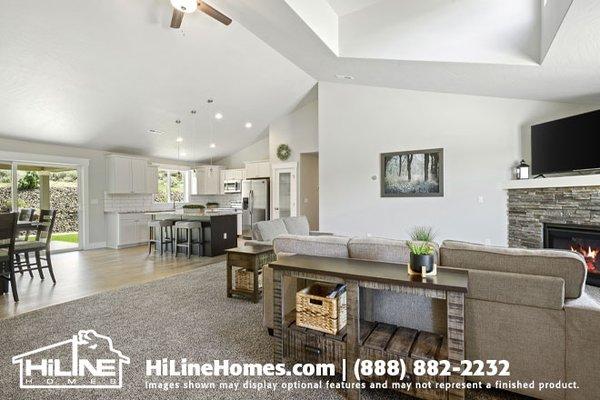 HiLine Homes of Kennewick Model Home Plan 2232 Great Room to Dining and Kitchen.