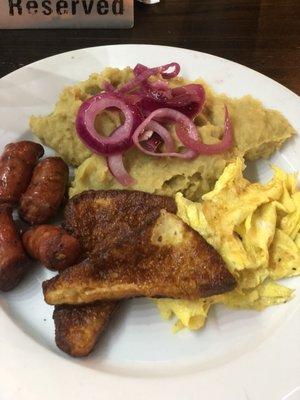 Fried Plantains (with onions) Spicy pork sausage Fried Cheese and scrambled eggs