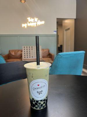 Blended green tea matcha with extra boba