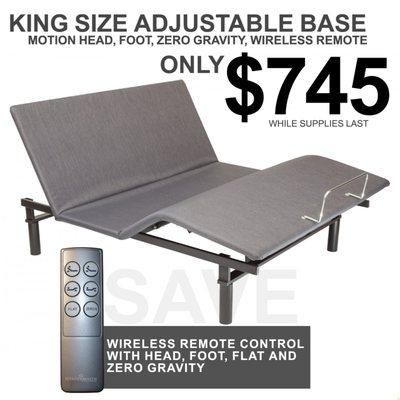 Best prices on quality adjustable bases. King adjustable beds starting at only $745.00 Queen only $495.00