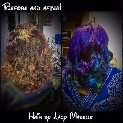 Hair by Lacy! Purple, blue, and green.