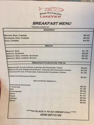 Breakfast menu