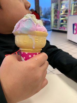 It was a kids double scoop with cotton candy and icing on the cake ice cream with cake cone.