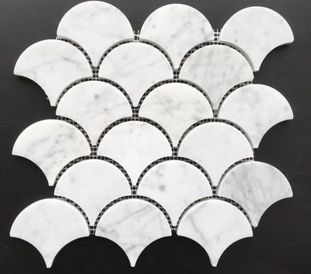 Carrara White Marble, Polished 3" Fan mosaic(also available in honed) -  IN STOCK