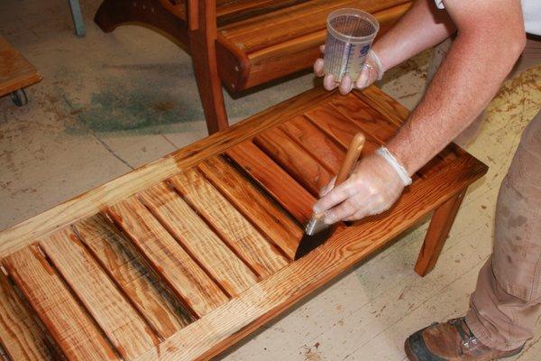 Applying finish to our Adirondack Coffee Table