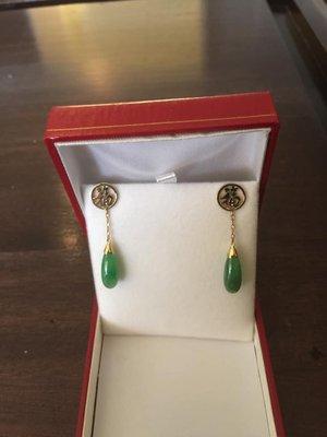 Apple Green Jade Earrings, 14K Gold