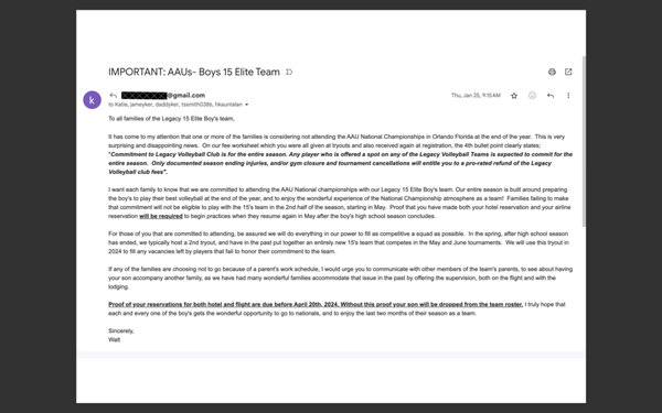 Walt Ker 1.25.24 email to club parents