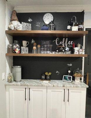 Another DIY project completed. My coffee bar. Chalkboard wall with walnut floating shelves. :))))