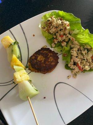 Thai lettuce cups, Thai corn fritters, fruit skewer